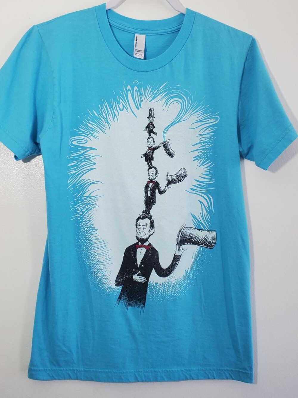 Scatterbrain Tees Abe In The Hat Graphic T-Shirt Turquoise Blue Size Small
